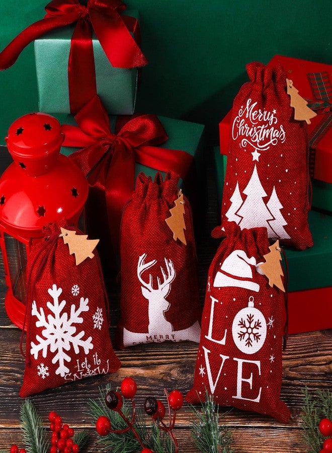 Mimind 24 Pack Christmas Linen Bags with Drawstrings - 7 x 5 Inch Burlap Gift Bags for Party Favor, 12 Designs, Wine Red - Image 4